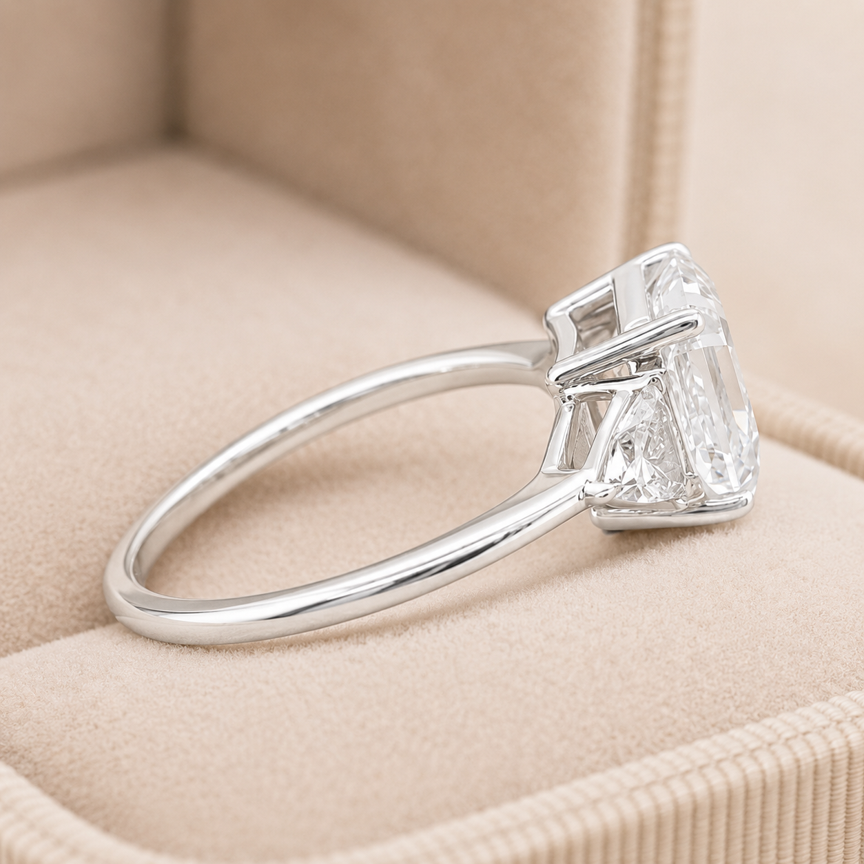 6.00 CT Asscher Cut Lab-Grown Diamond Three Stone Engagement Ring in 14K White Gold – IGI Certified Trillion Side Stone Design