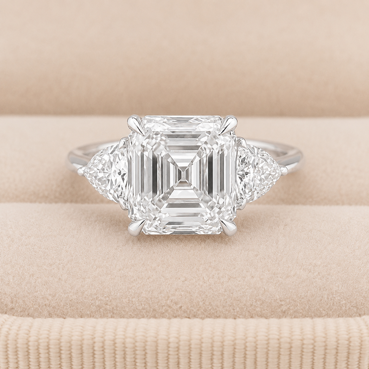 6.00 CT Asscher Cut Lab-Grown Diamond Three Stone Engagement Ring in 14K White Gold – IGI Certified Trillion Side Stone Design