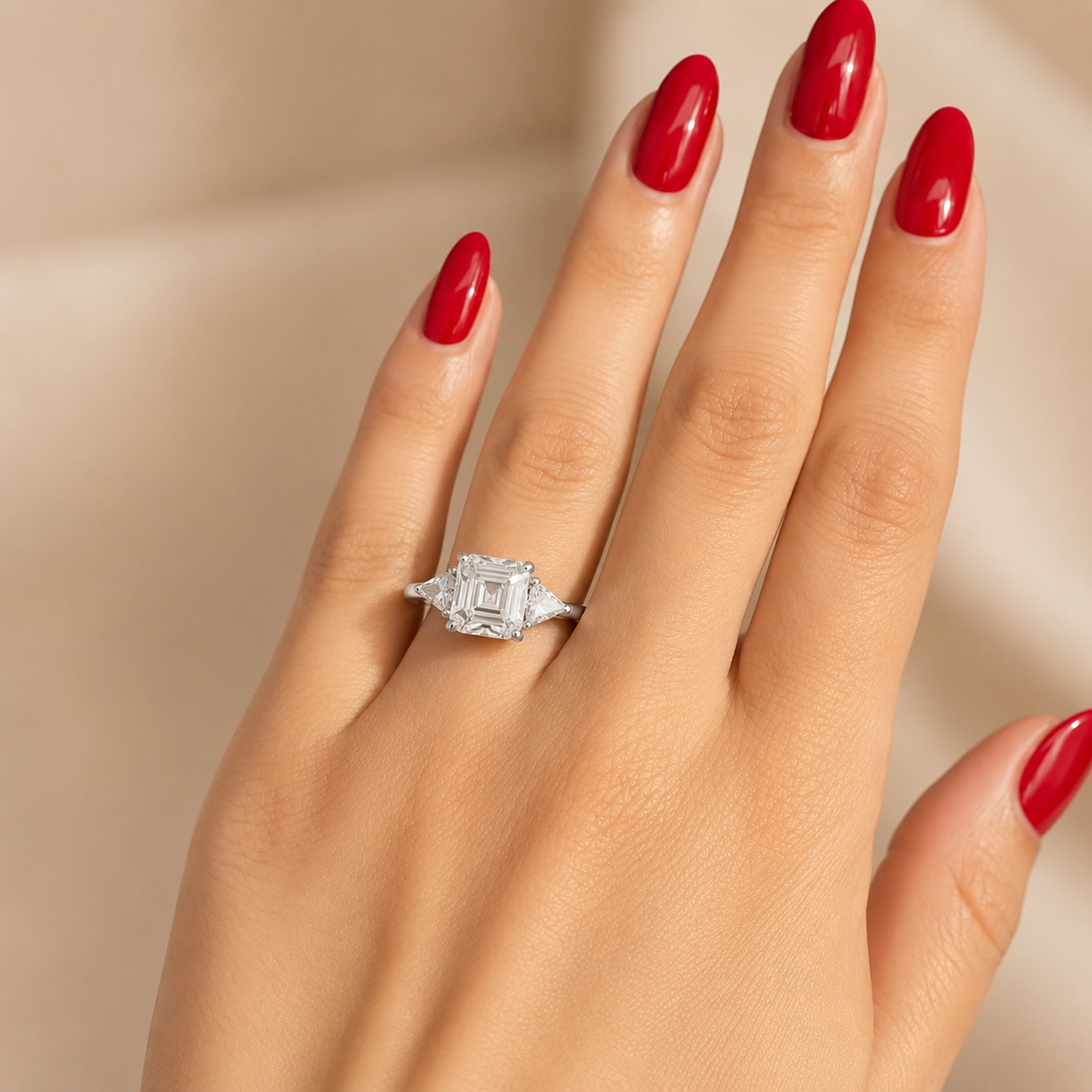 6.00 CT Asscher Cut Lab-Grown Diamond Three Stone Engagement Ring in 14K White Gold – IGI Certified Trillion Side Stone Design