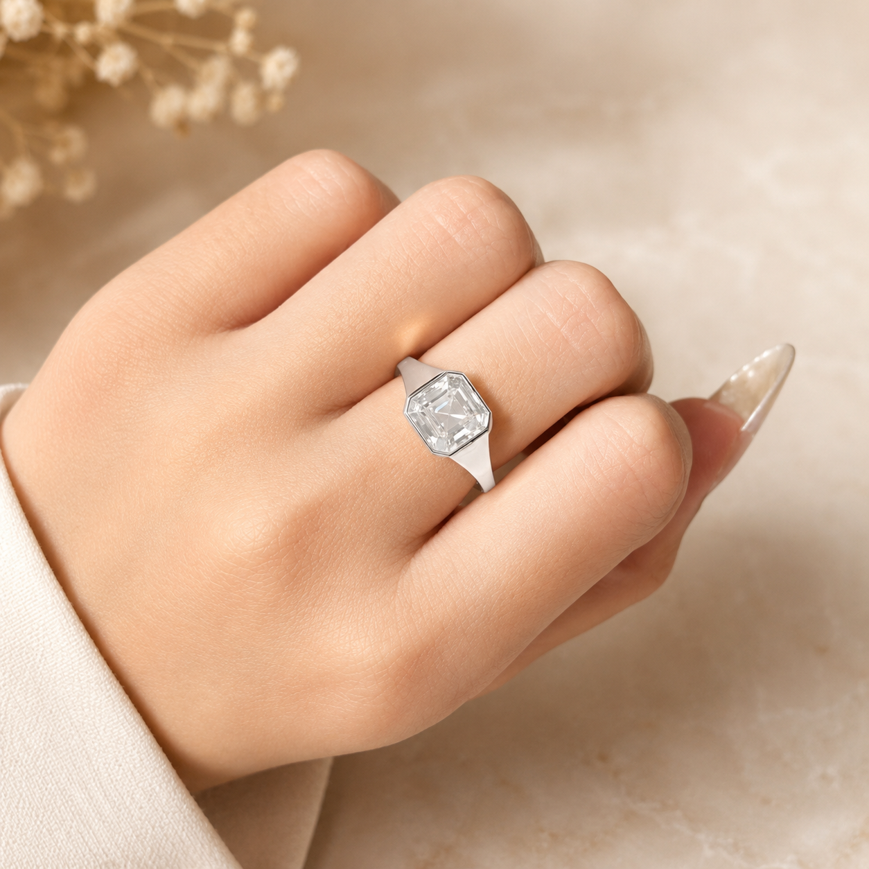 2.00 CT Asscher Cut Lab-Grown Diamond Signet Ring in 14K White Gold – Modern Statement Ring for Women