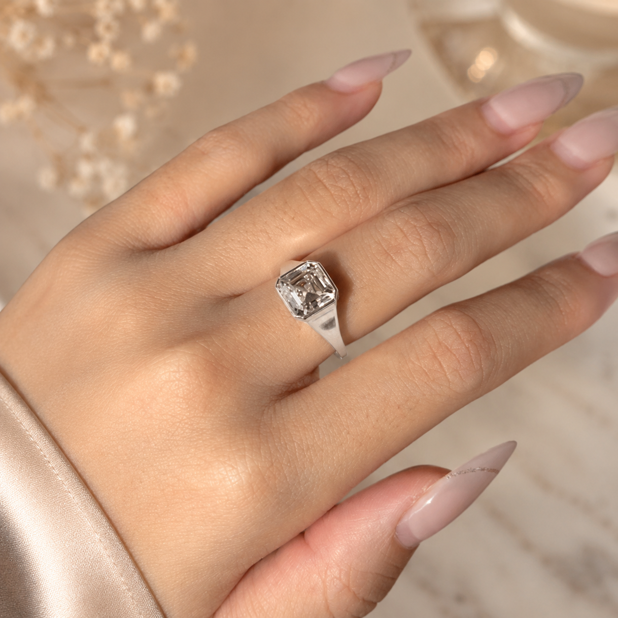 2.00 CT Asscher Cut Lab-Grown Diamond Signet Ring in 14K White Gold – Modern Statement Ring for Women