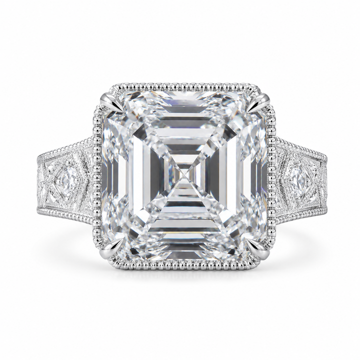 4.00 CT Asscher Cut Lab-Grown Diamond Solitaire Engagement Ring in 14K White Gold â€“ Vintage Wide Band with Round Side Accents | IGI Certified from Diamond Studio