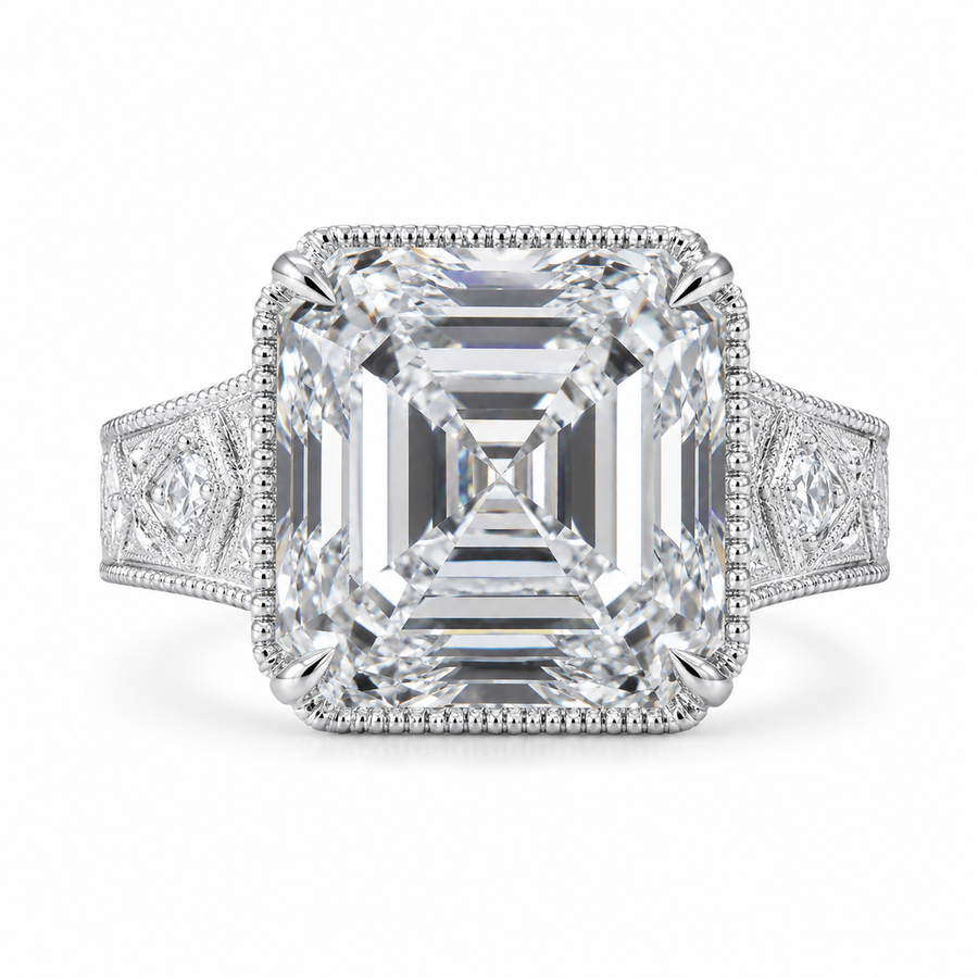 4.00 CT Asscher Cut Lab-Grown Diamond Solitaire Engagement Ring in 14K White Gold – Vintage Wide Band with Round Side Accents | IGI Certified