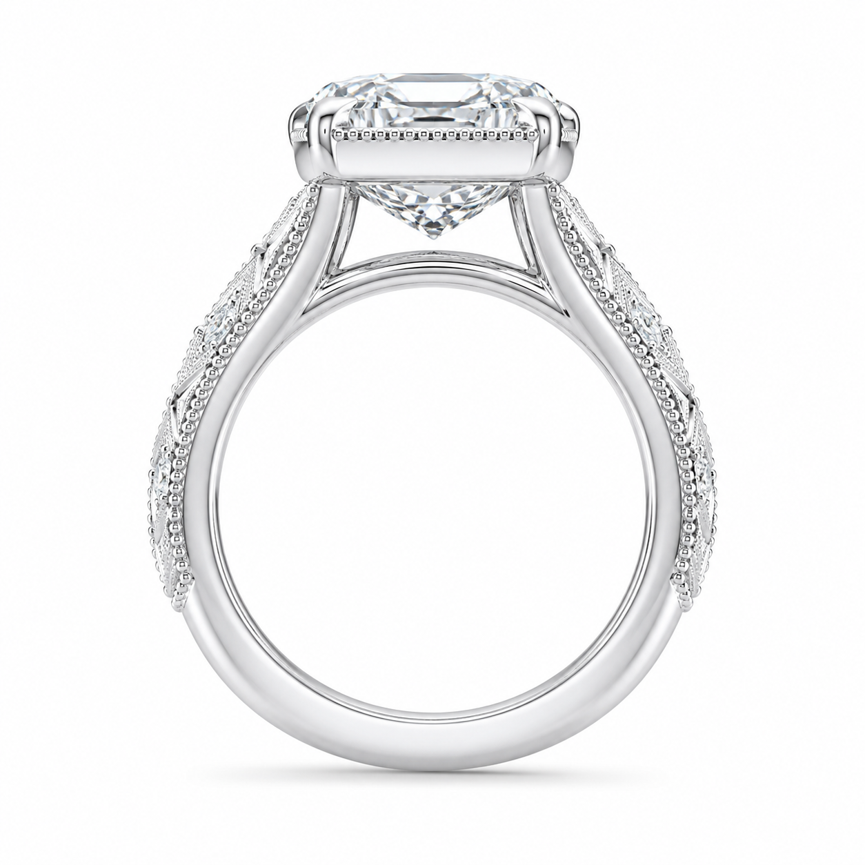 4.00 CT Asscher Cut Lab-Grown Diamond Solitaire Engagement Ring in 14K White Gold – Vintage Wide Band with Round Side Accents | IGI Certified