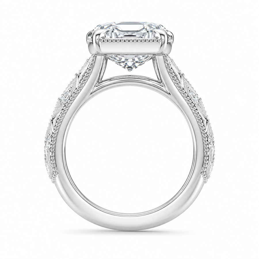 4.00 CT Asscher Cut Lab-Grown Diamond Solitaire Engagement Ring in 14K White Gold – Vintage Wide Band with Round Side Accents | IGI Certified