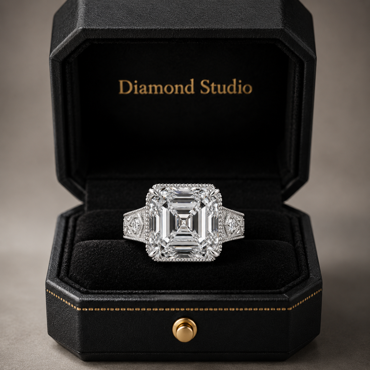 4.00 CT Asscher Cut Lab-Grown Diamond Solitaire Engagement Ring in 14K White Gold – Vintage Wide Band with Round Side Accents | IGI Certified