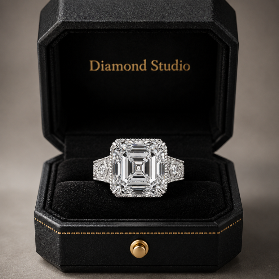 4.00 CT Asscher Cut Lab-Grown Diamond Solitaire Engagement Ring in 14K White Gold – Vintage Wide Band with Round Side Accents | IGI Certified
