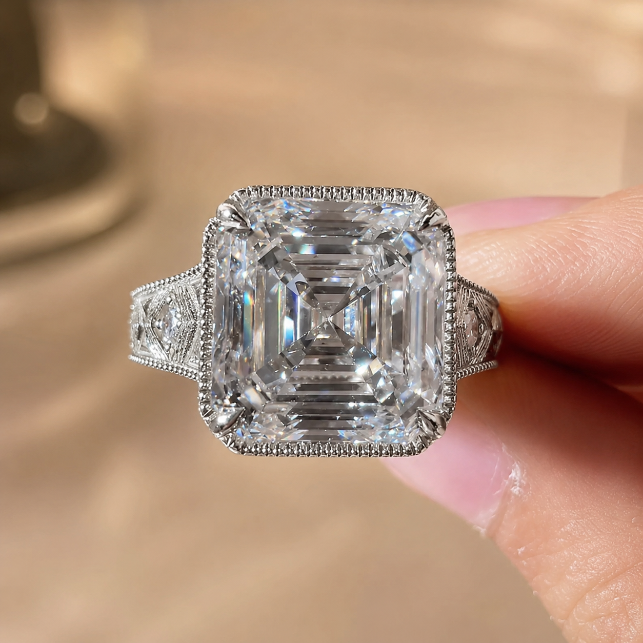 4.00 CT Asscher Cut Lab-Grown Diamond Solitaire Engagement Ring in 14K White Gold – Vintage Wide Band with Round Side Accents | IGI Certified