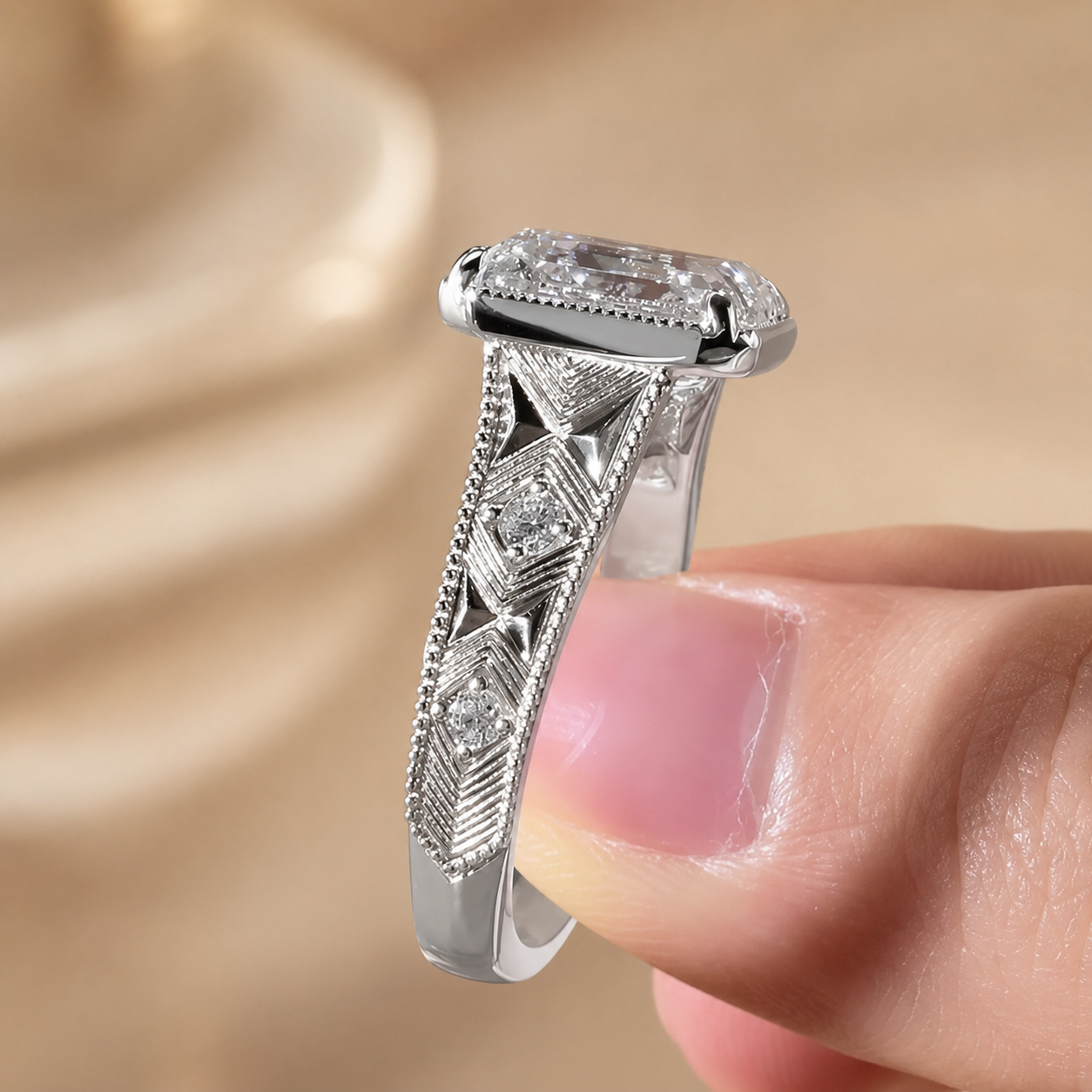4.00 CT Asscher Cut Lab-Grown Diamond Solitaire Engagement Ring in 14K White Gold – Vintage Wide Band with Round Side Accents | IGI Certified