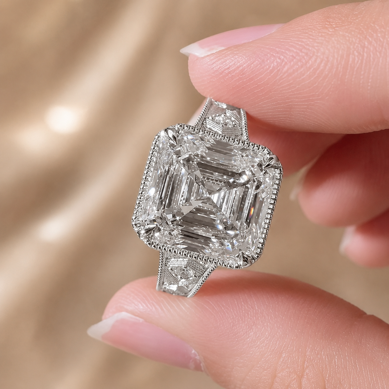 4.00 CT Asscher Cut Lab-Grown Diamond Solitaire Engagement Ring in 14K White Gold – Vintage Wide Band with Round Side Accents | IGI Certified