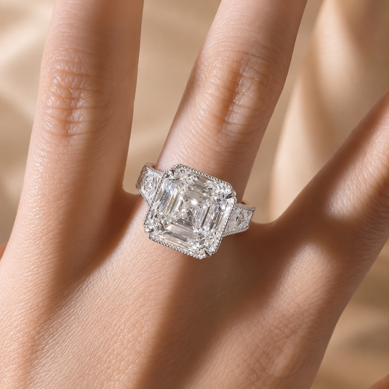 4.00 CT Asscher Cut Lab-Grown Diamond Solitaire Engagement Ring in 14K White Gold – Vintage Wide Band with Round Side Accents | IGI Certified