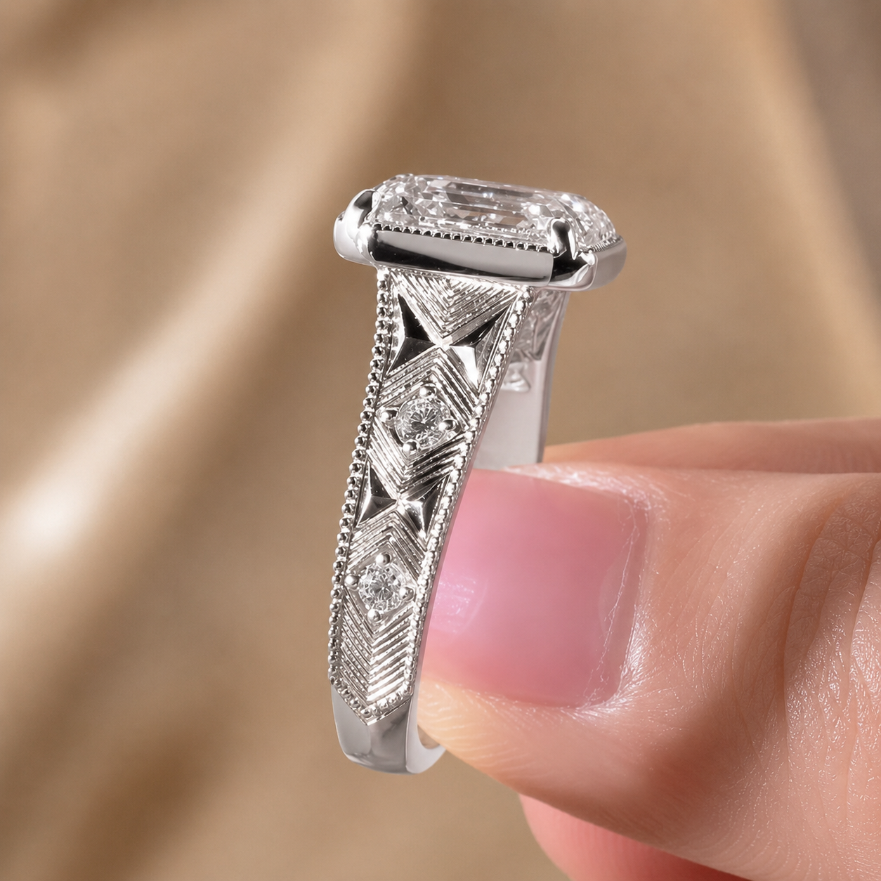 4.00 CT Asscher Cut Lab-Grown Diamond Solitaire Engagement Ring in 14K White Gold – Vintage Wide Band with Round Side Accents | IGI Certified