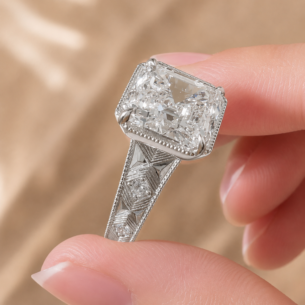4.00 CT Asscher Cut Lab-Grown Diamond Solitaire Engagement Ring in 14K White Gold – Vintage Wide Band with Round Side Accents | IGI Certified