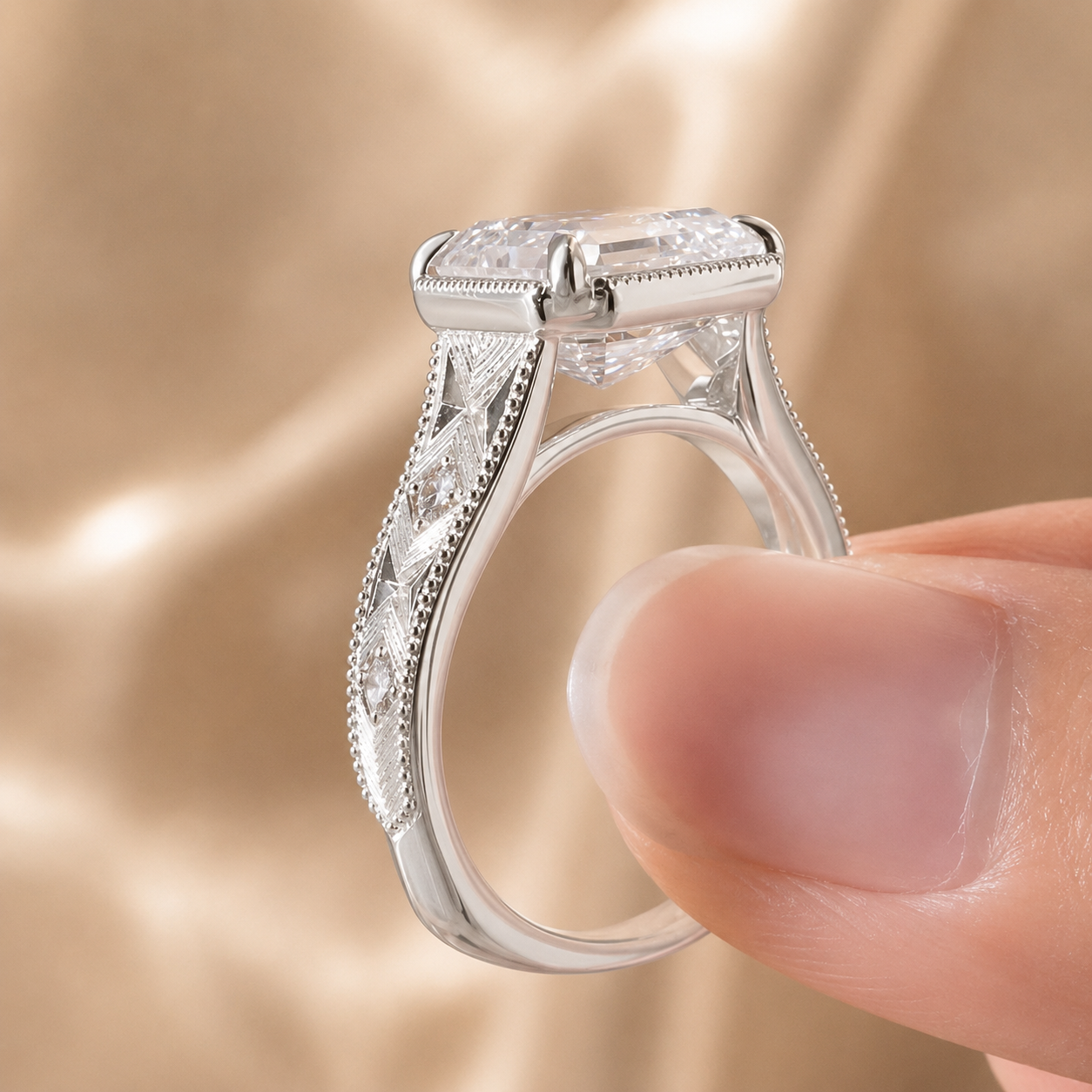 4.00 CT Asscher Cut Lab-Grown Diamond Solitaire Engagement Ring in 14K White Gold – Vintage Wide Band with Round Side Accents | IGI Certified