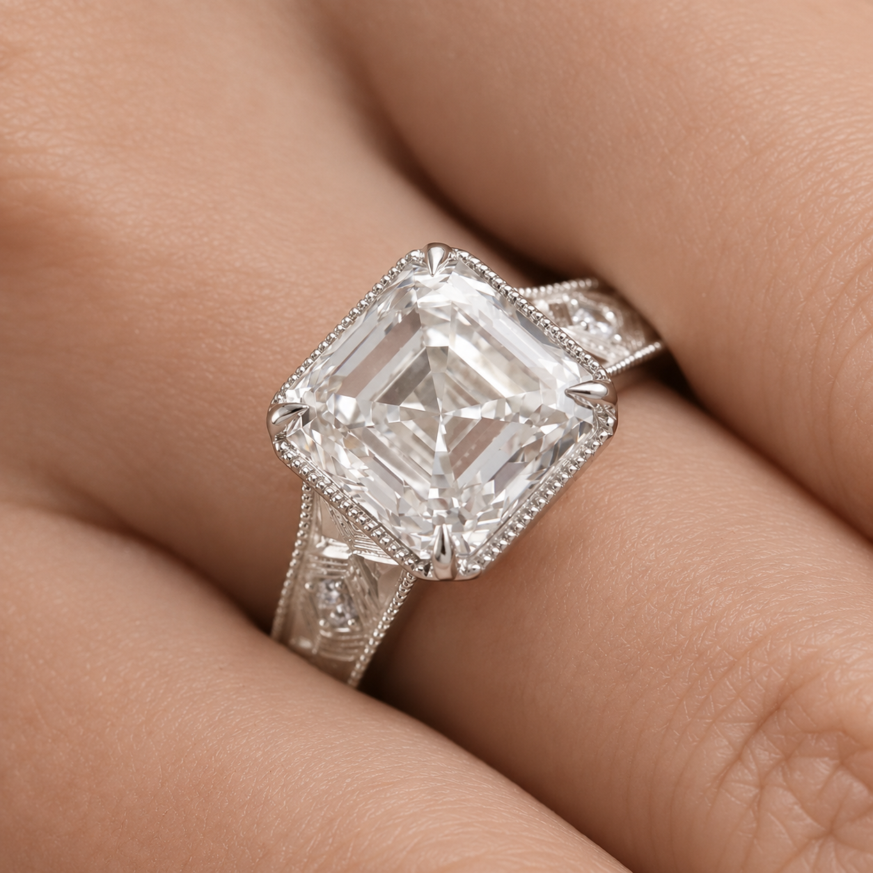 4.00 CT Asscher Cut Lab-Grown Diamond Solitaire Engagement Ring in 14K White Gold – Vintage Wide Band with Round Side Accents | IGI Certified