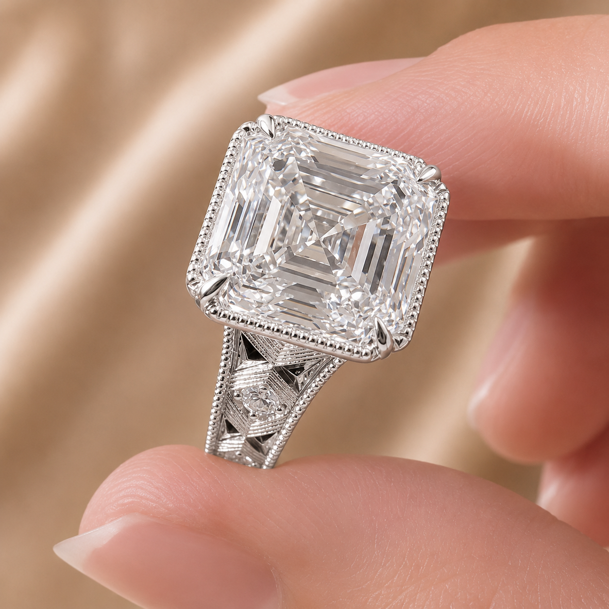 4.00 CT Asscher Cut Lab-Grown Diamond Solitaire Engagement Ring in 14K White Gold – Vintage Wide Band with Round Side Accents | IGI Certified