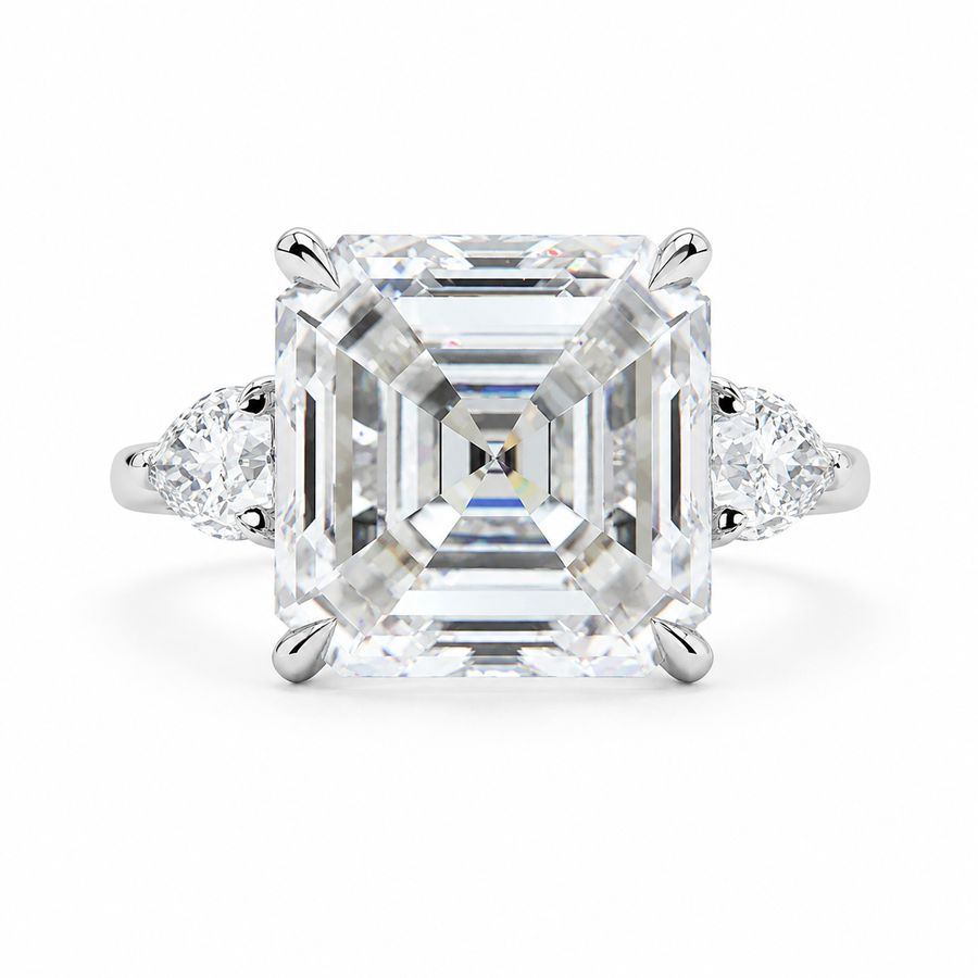 7.00 CT Asscher Cut Lab-Grown Diamond Three Stone Engagement Ring in 14K White Gold – Luxury Statement Anniversary Design