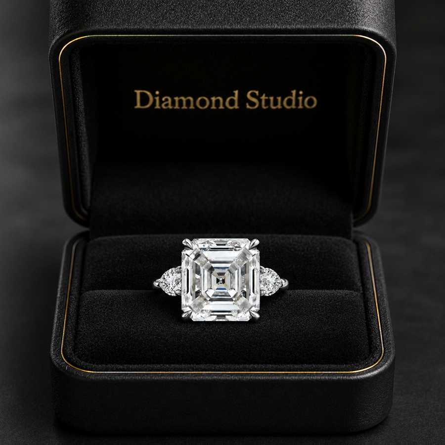 7.00 CT Asscher Cut Lab-Grown Diamond Three Stone Engagement Ring in 14K White Gold – Luxury Statement Anniversary Design