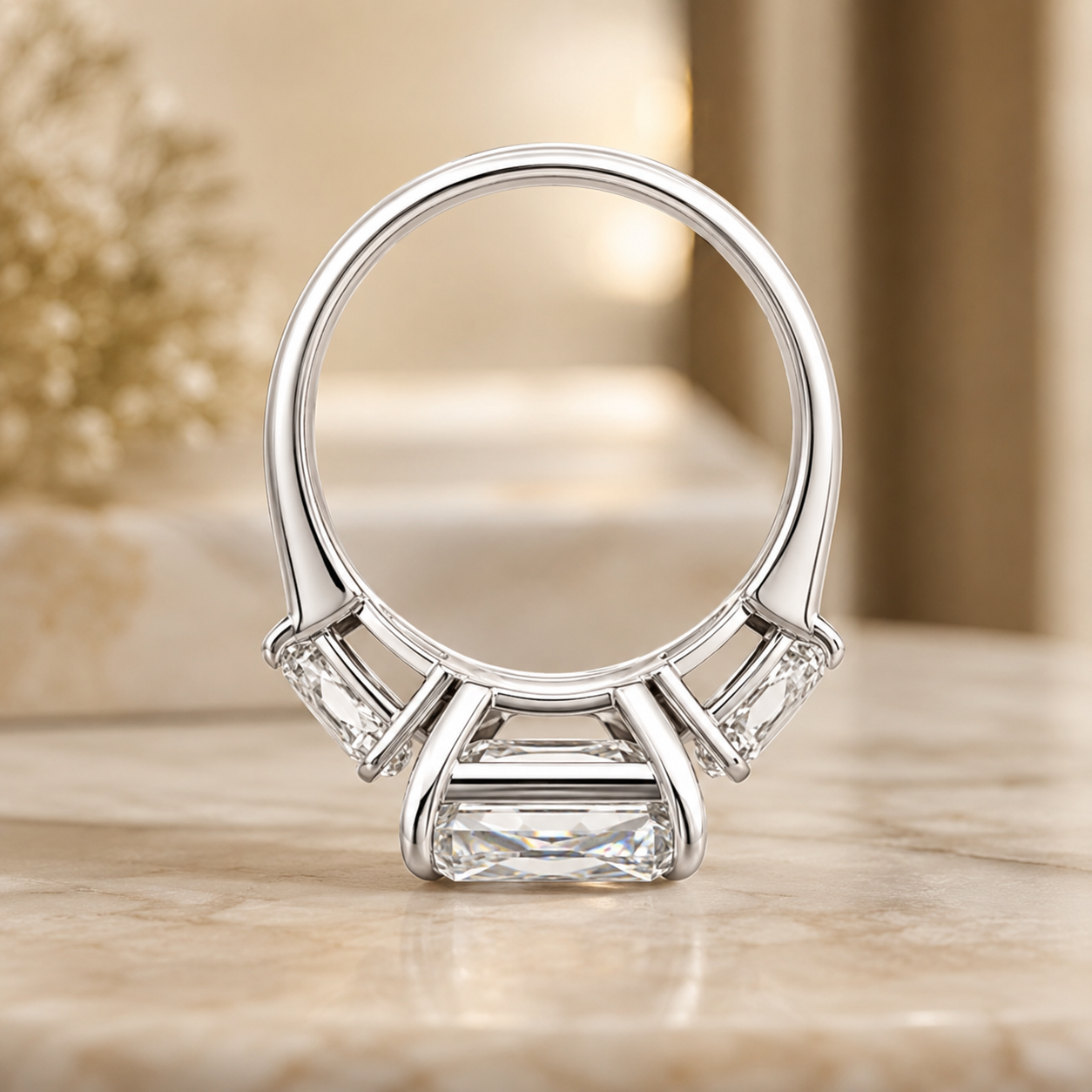 7.00 CT Asscher Cut Lab-Grown Diamond Three Stone Engagement Ring in 14K White Gold – Luxury Statement Anniversary Design