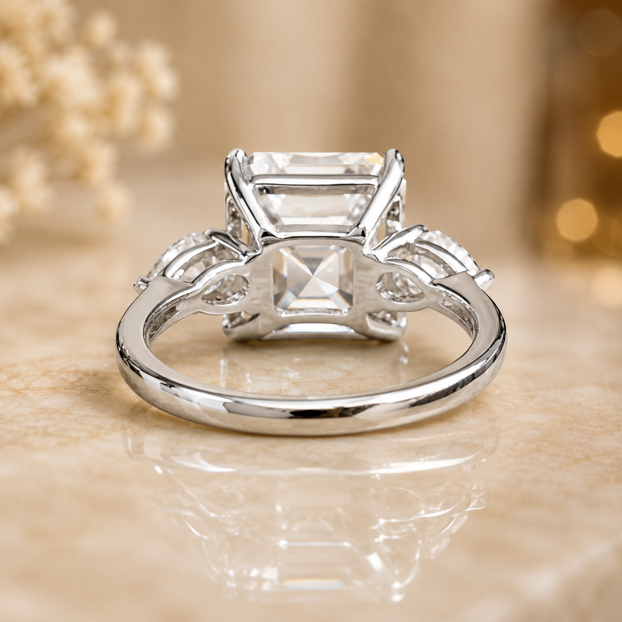 7.00 CT Asscher Cut Lab-Grown Diamond Three Stone Engagement Ring in 14K White Gold – Luxury Statement Anniversary Design