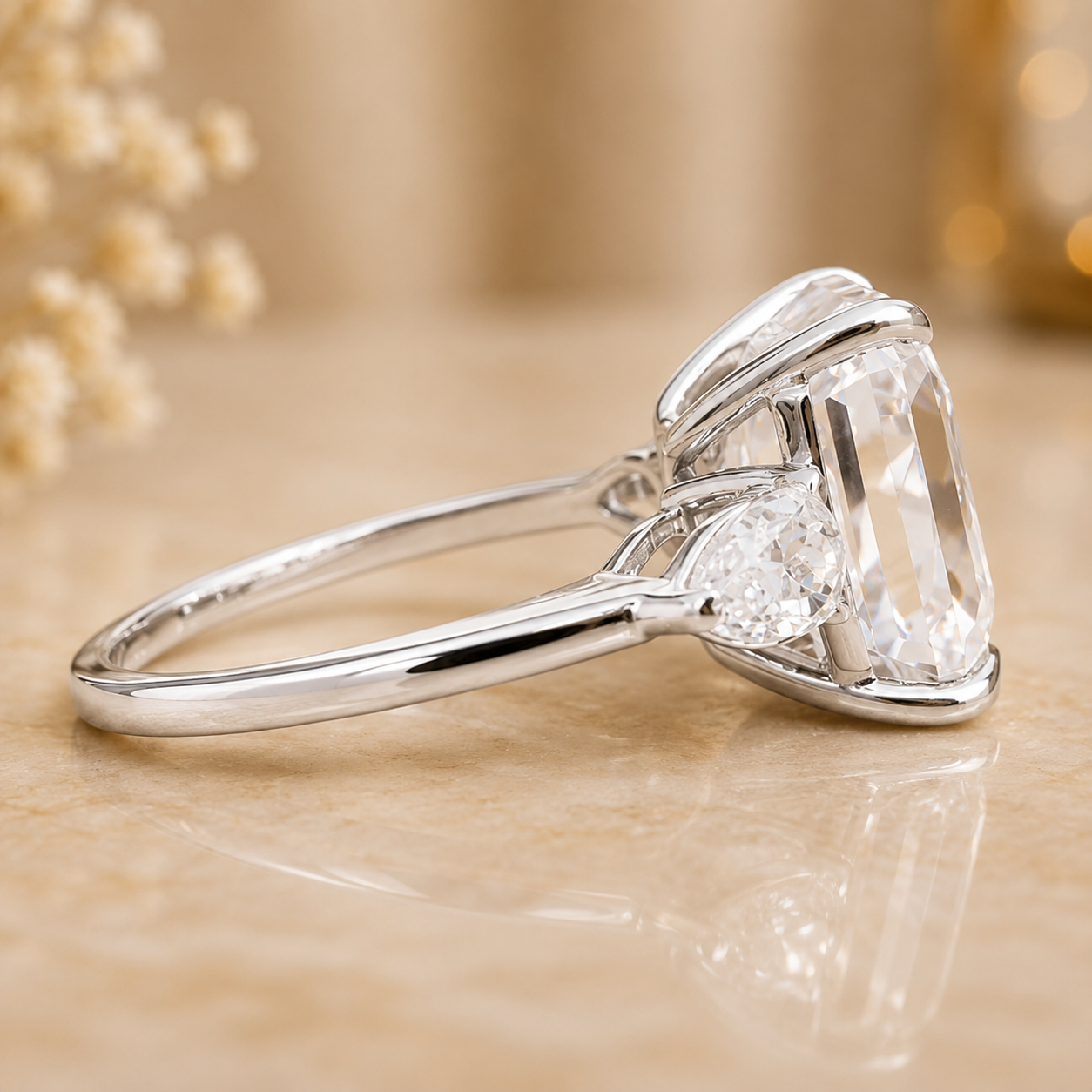 7.00 CT Asscher Cut Lab-Grown Diamond Three Stone Engagement Ring in 14K White Gold – Luxury Statement Anniversary Design
