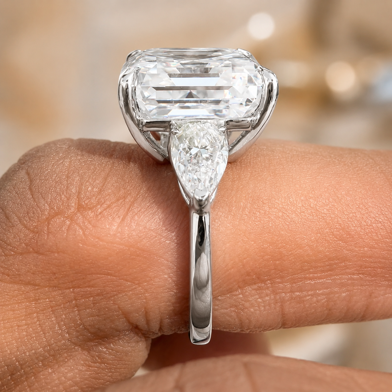 7.00 CT Asscher Cut Lab-Grown Diamond Three Stone Engagement Ring in 14K White Gold – Luxury Statement Anniversary Design