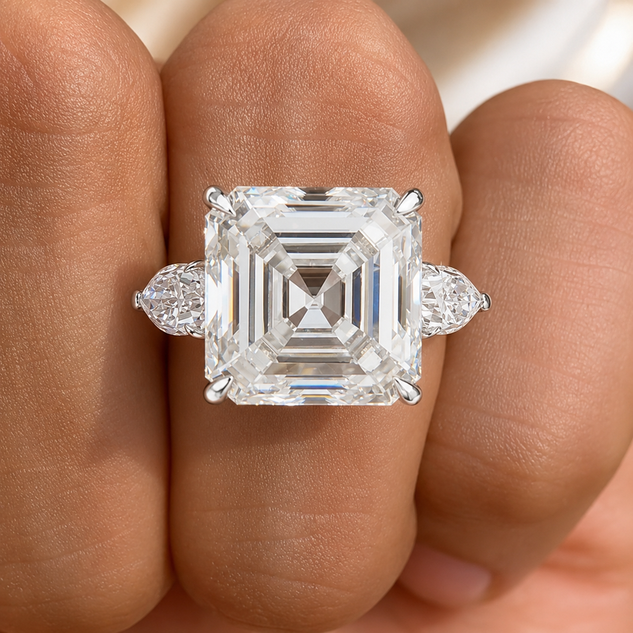 7.00 CT Asscher Cut Lab-Grown Diamond Three Stone Engagement Ring in 14K White Gold – Luxury Statement Anniversary Design