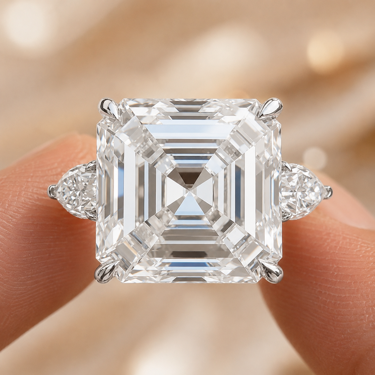7.00 CT Asscher Cut Lab-Grown Diamond Three Stone Engagement Ring in 14K White Gold – Luxury Statement Anniversary Design