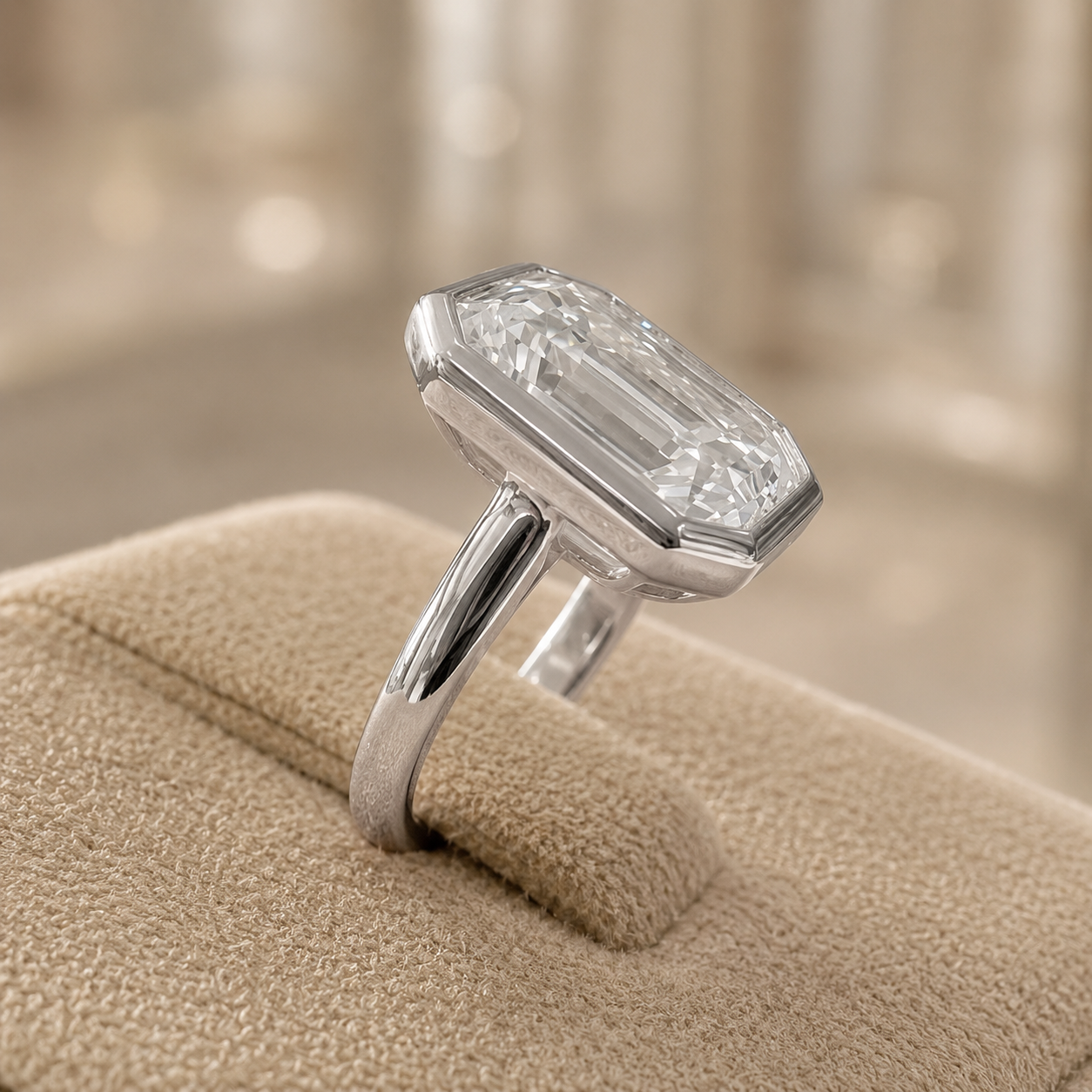 3.50 CT Asscher Cut Lab-Grown Diamond Bezel Set Solitaire Engagement Ring in 14K White Gold – Handmade Art Deco Design