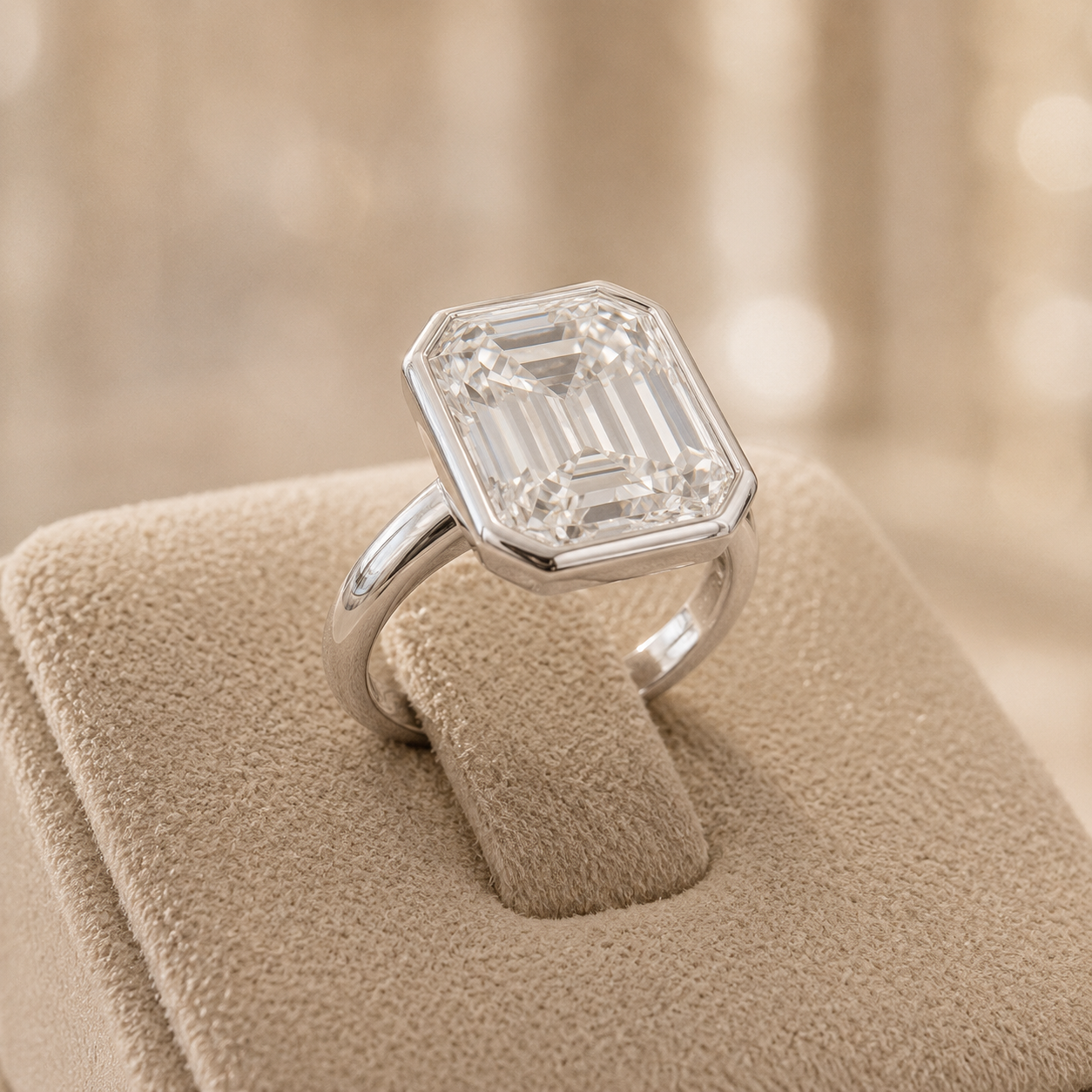 3.50 CT Asscher Cut Lab-Grown Diamond Bezel Set Solitaire Engagement Ring in 14K White Gold – Handmade Art Deco Design