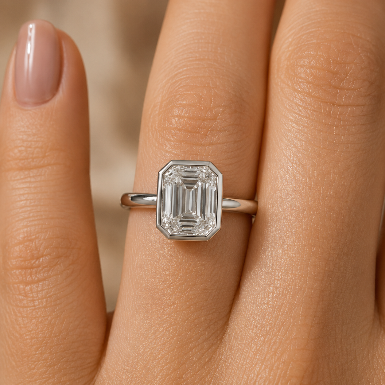 3.50 CT Asscher Cut Lab-Grown Diamond Bezel Set Solitaire Engagement Ring in 14K White Gold – Handmade Art Deco Design