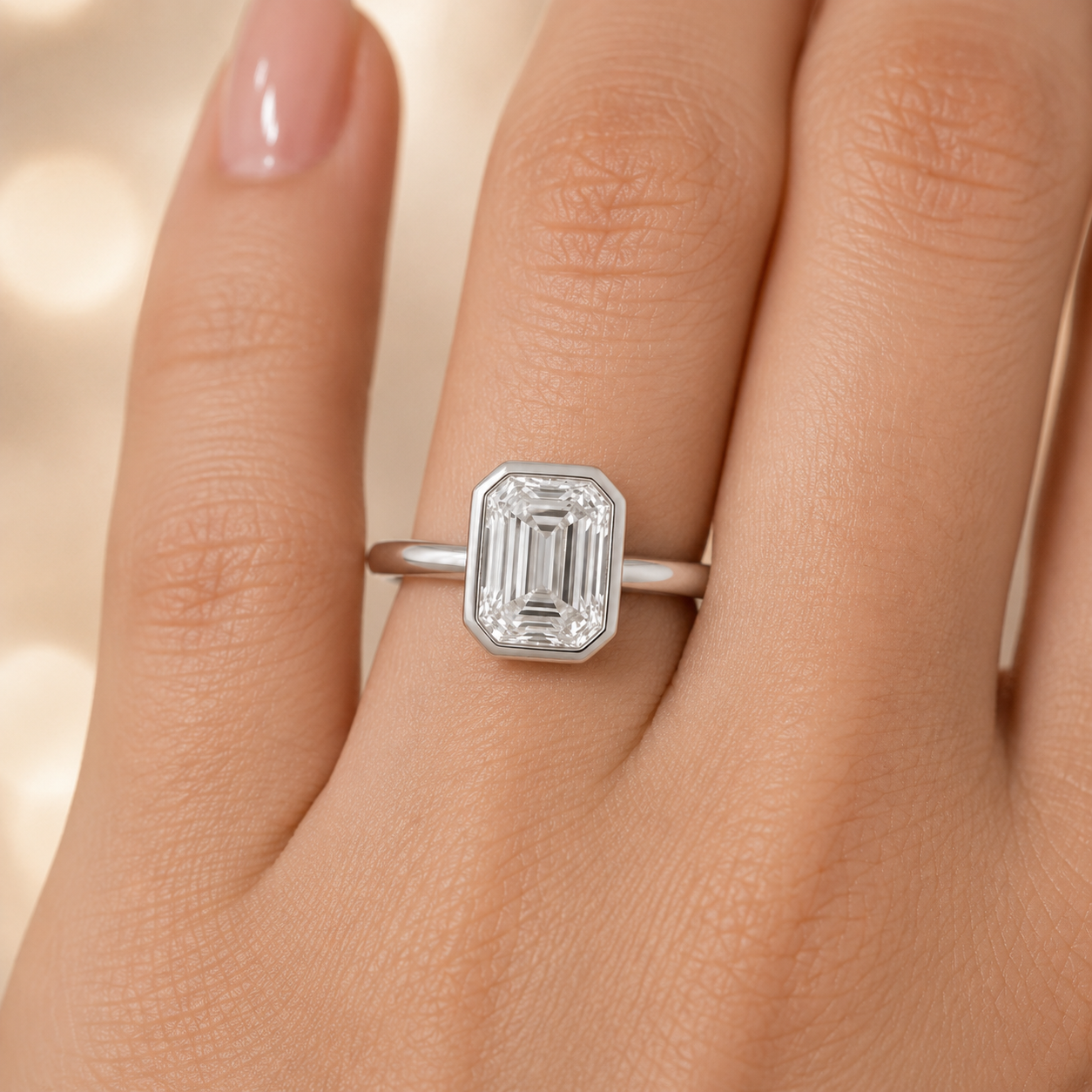 3.50 CT Asscher Cut Lab-Grown Diamond Bezel Set Solitaire Engagement Ring in 14K White Gold – Handmade Art Deco Design