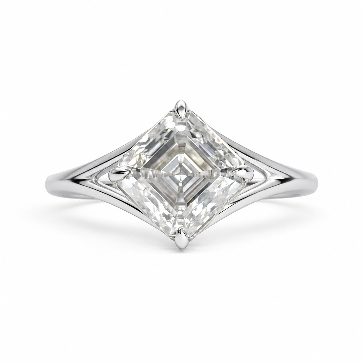 2.00 CT Asscher Cut Lab-Grown Diamond Solitaire Engagement Ring in 14K White Gold – IGI Certified Split Shank Compass Prong Design