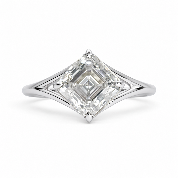 2.00 CT Asscher Cut Lab-Grown Diamond Solitaire Engagement Ring in White Gold – IGI Certified Split Shank Compass Prong Design