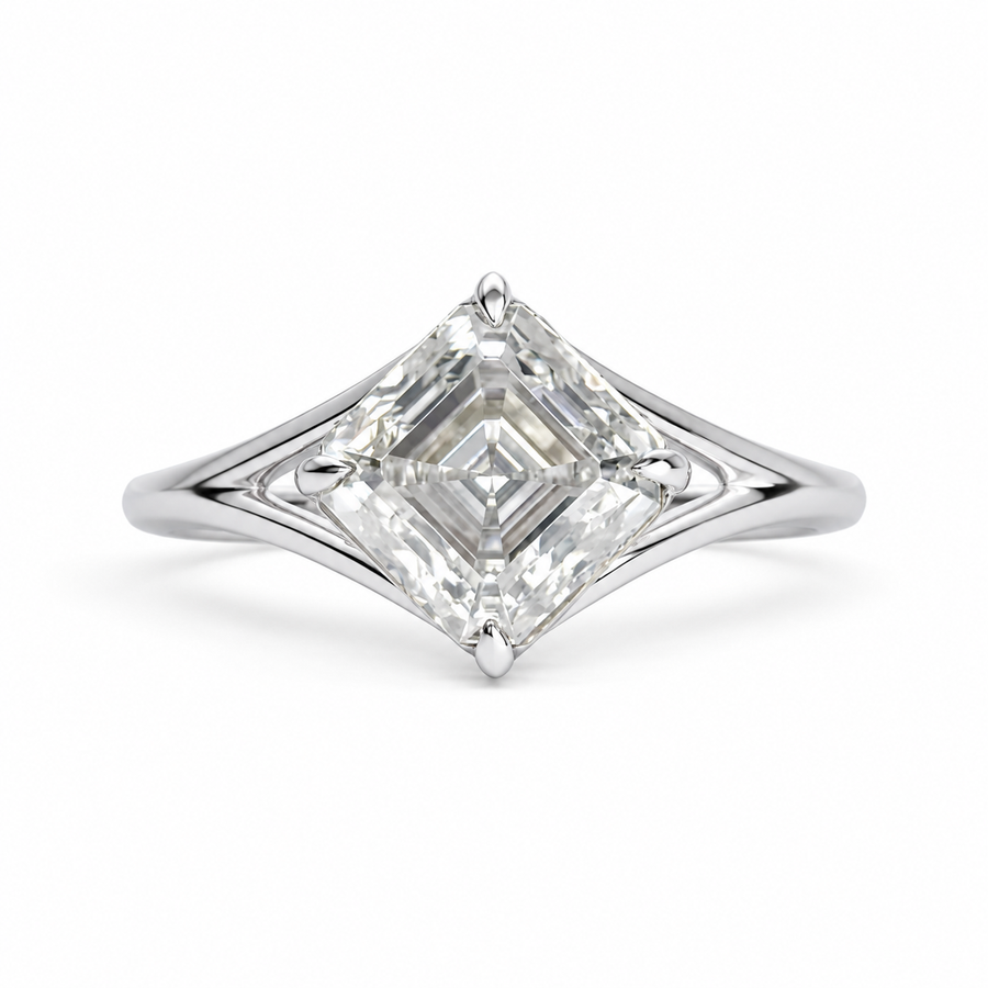 2.00 CT Asscher Cut Lab-Grown Diamond Solitaire Engagement Ring in 14K White Gold – IGI Certified Split Shank Compass Prong Design