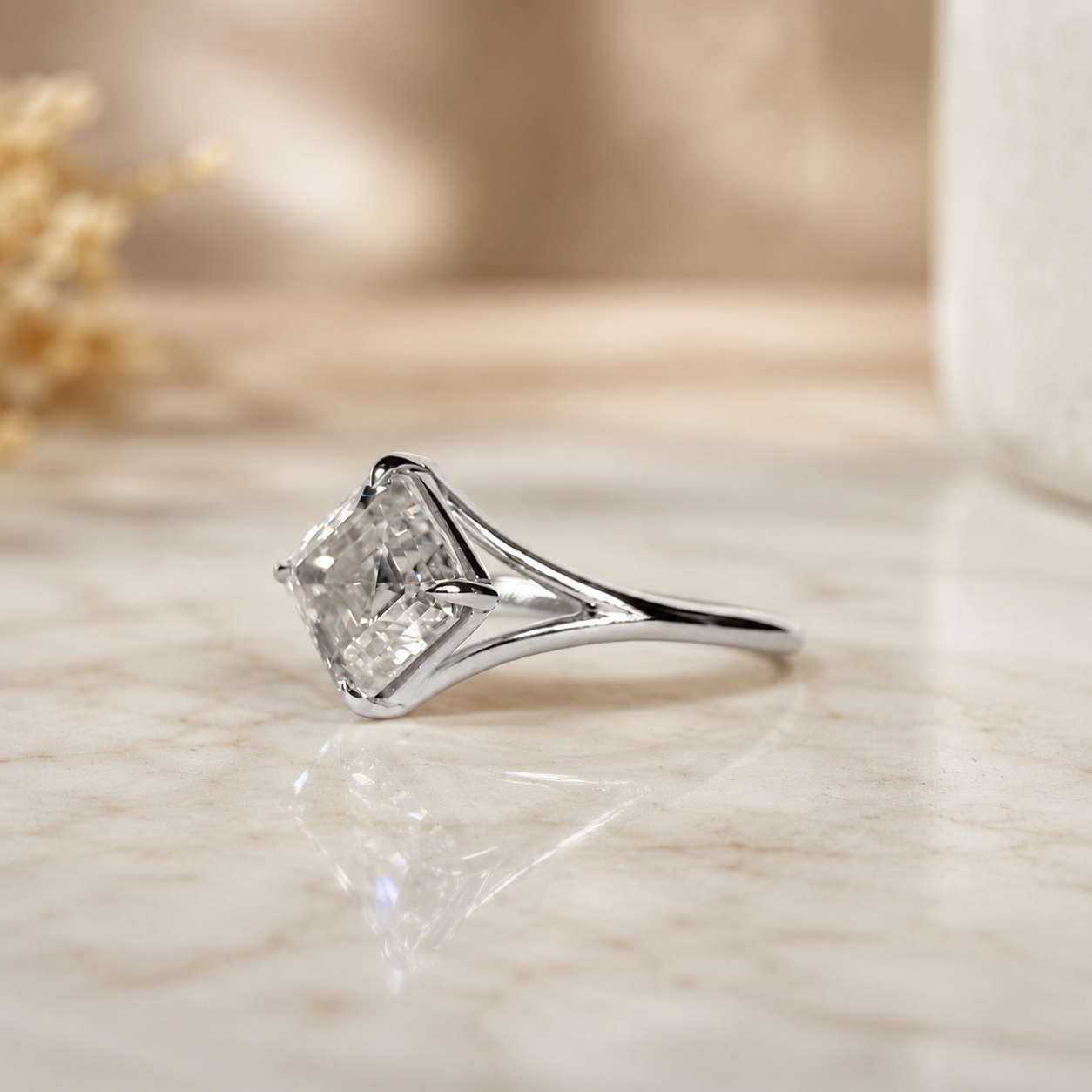 2.00 CT Asscher Cut Lab-Grown Diamond Solitaire Engagement Ring in 14K White Gold – IGI Certified Split Shank Compass Prong Design