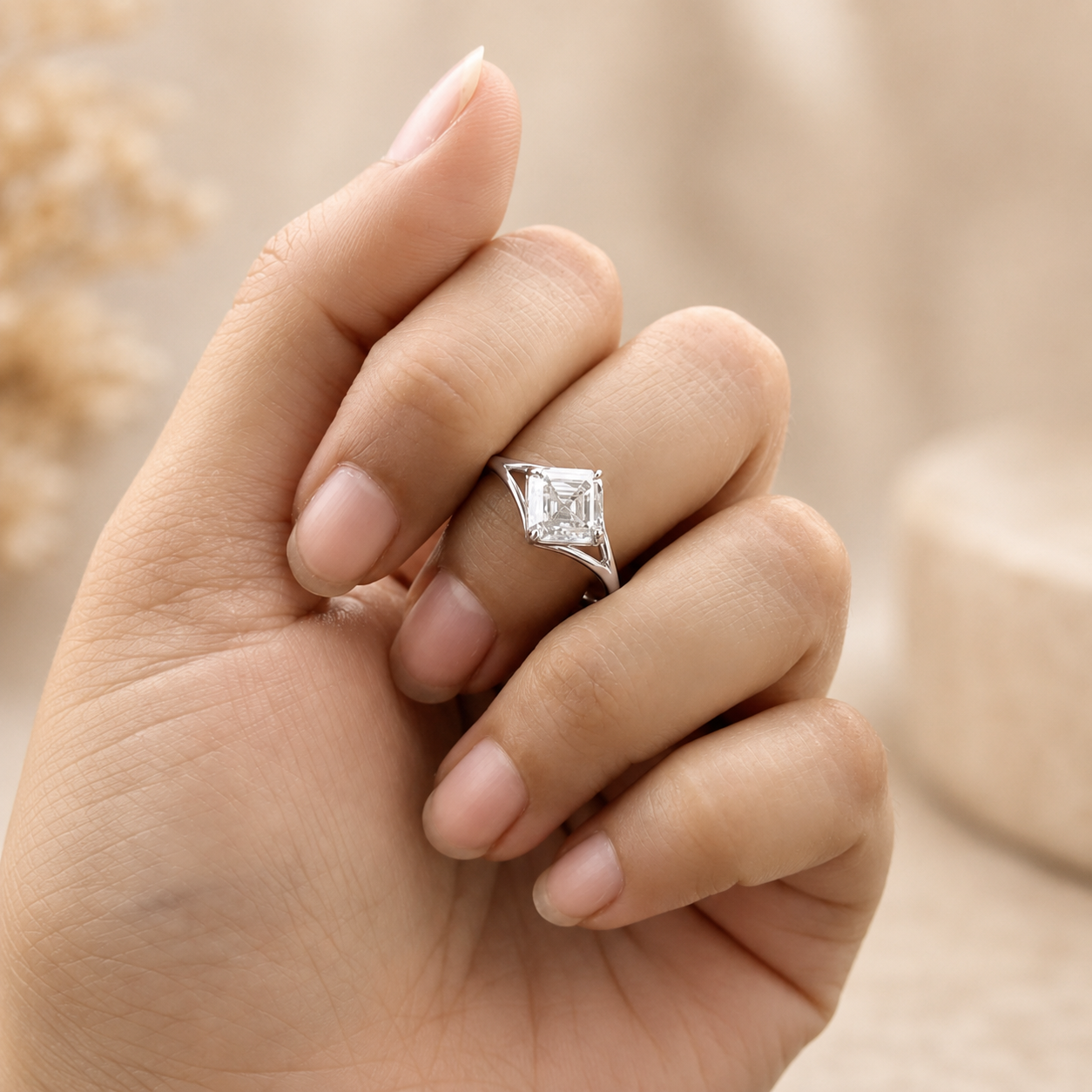 2.00 CT Asscher Cut Lab-Grown Diamond Solitaire Engagement Ring in 14K White Gold – IGI Certified Split Shank Compass Prong Design