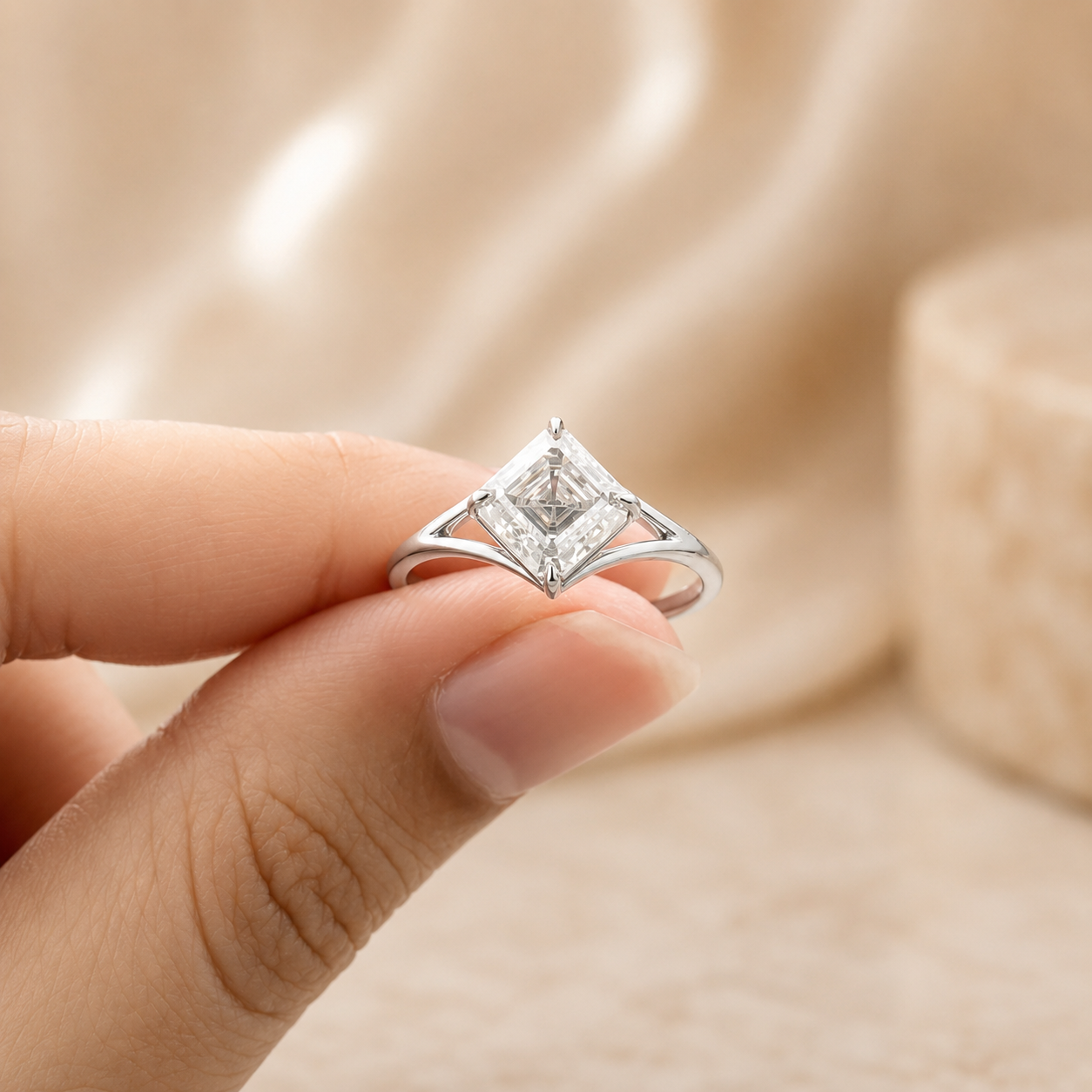 2.00 CT Asscher Cut Lab-Grown Diamond Solitaire Engagement Ring in 14K White Gold – IGI Certified Split Shank Compass Prong Design