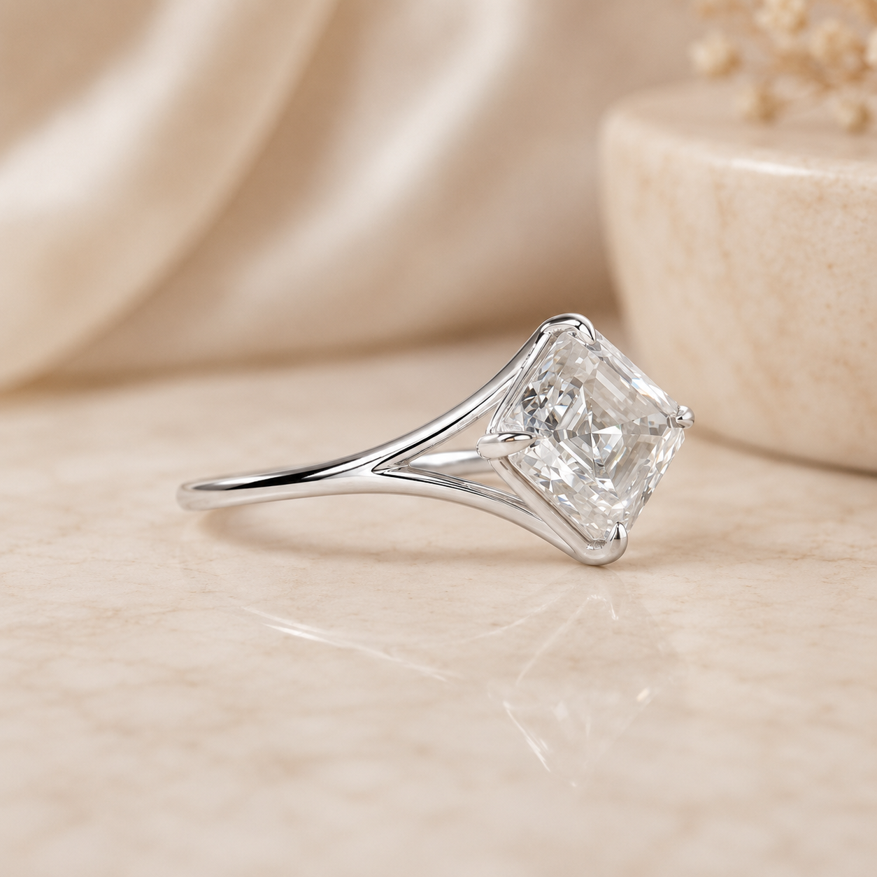2.00 CT Asscher Cut Lab-Grown Diamond Solitaire Engagement Ring in 14K White Gold – IGI Certified Split Shank Compass Prong Design
