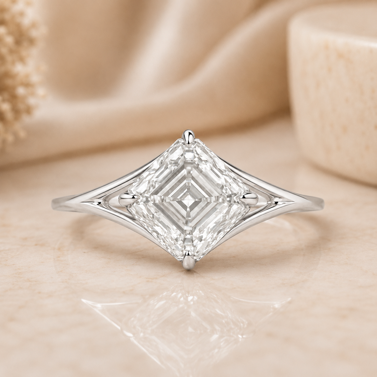 2.00 CT Asscher Cut Lab-Grown Diamond Solitaire Engagement Ring in 14K White Gold – IGI Certified Split Shank Compass Prong Design