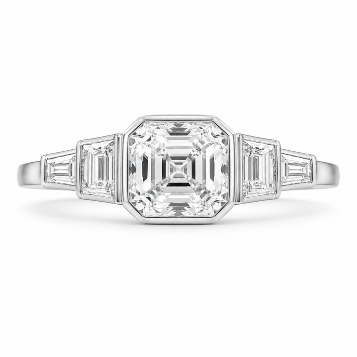 3.50 CT Asscher Cut Lab-Grown Diamond Five Stone Engagement Ring in 14K White Gold – Bezel Set Anniversary Design