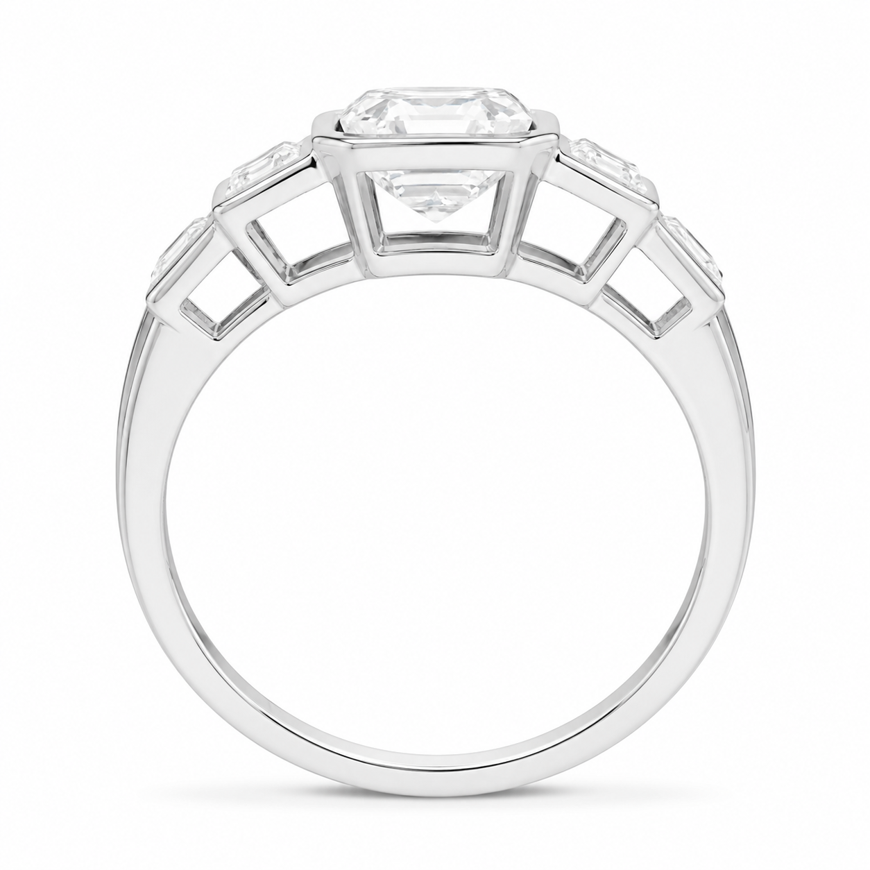 3.50 CT Asscher Cut Lab-Grown Diamond Five Stone Engagement Ring in 14K White Gold – Bezel Set Anniversary Design