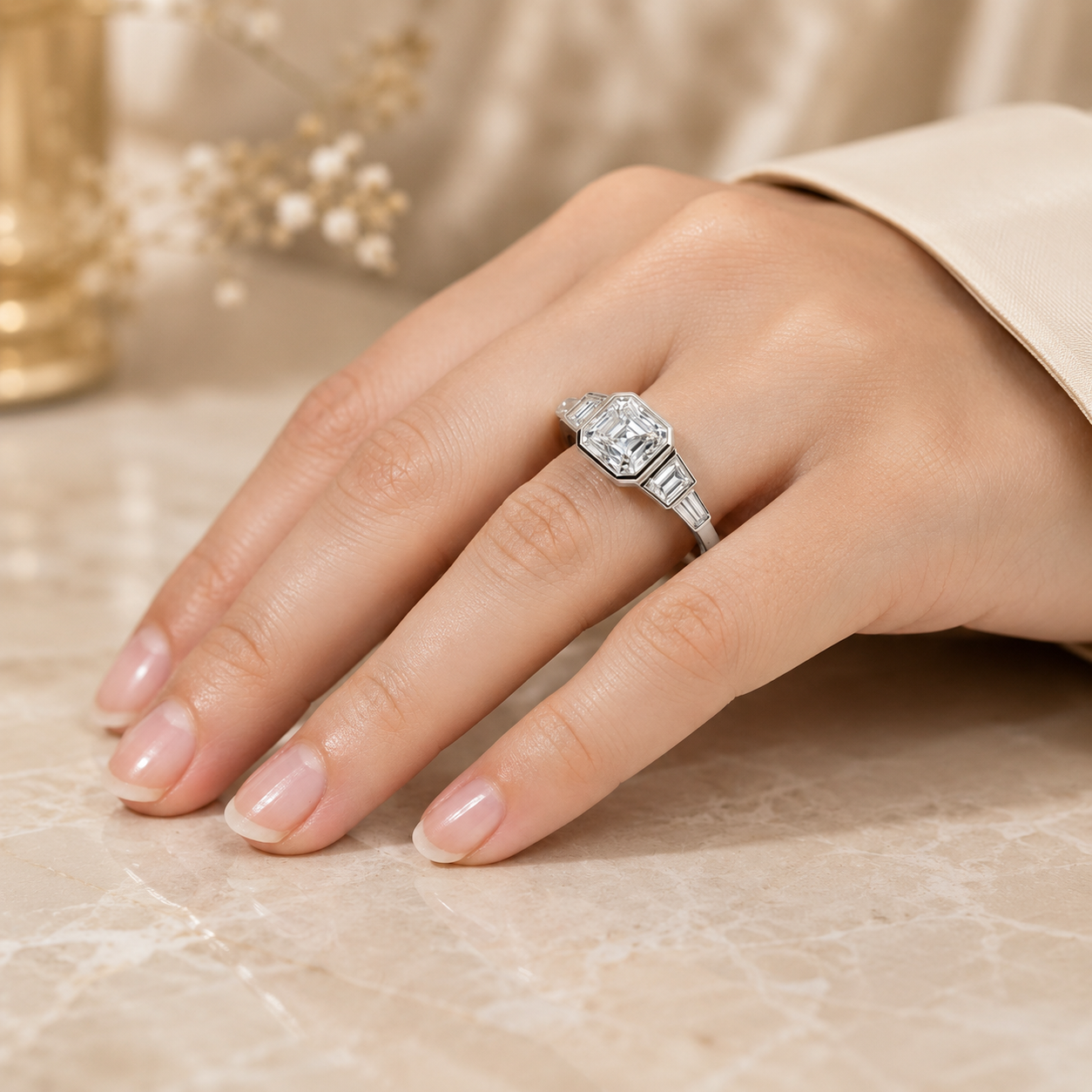 3.50 CT Asscher Cut Lab-Grown Diamond Five Stone Engagement Ring in 14K White Gold – Bezel Set Anniversary Design