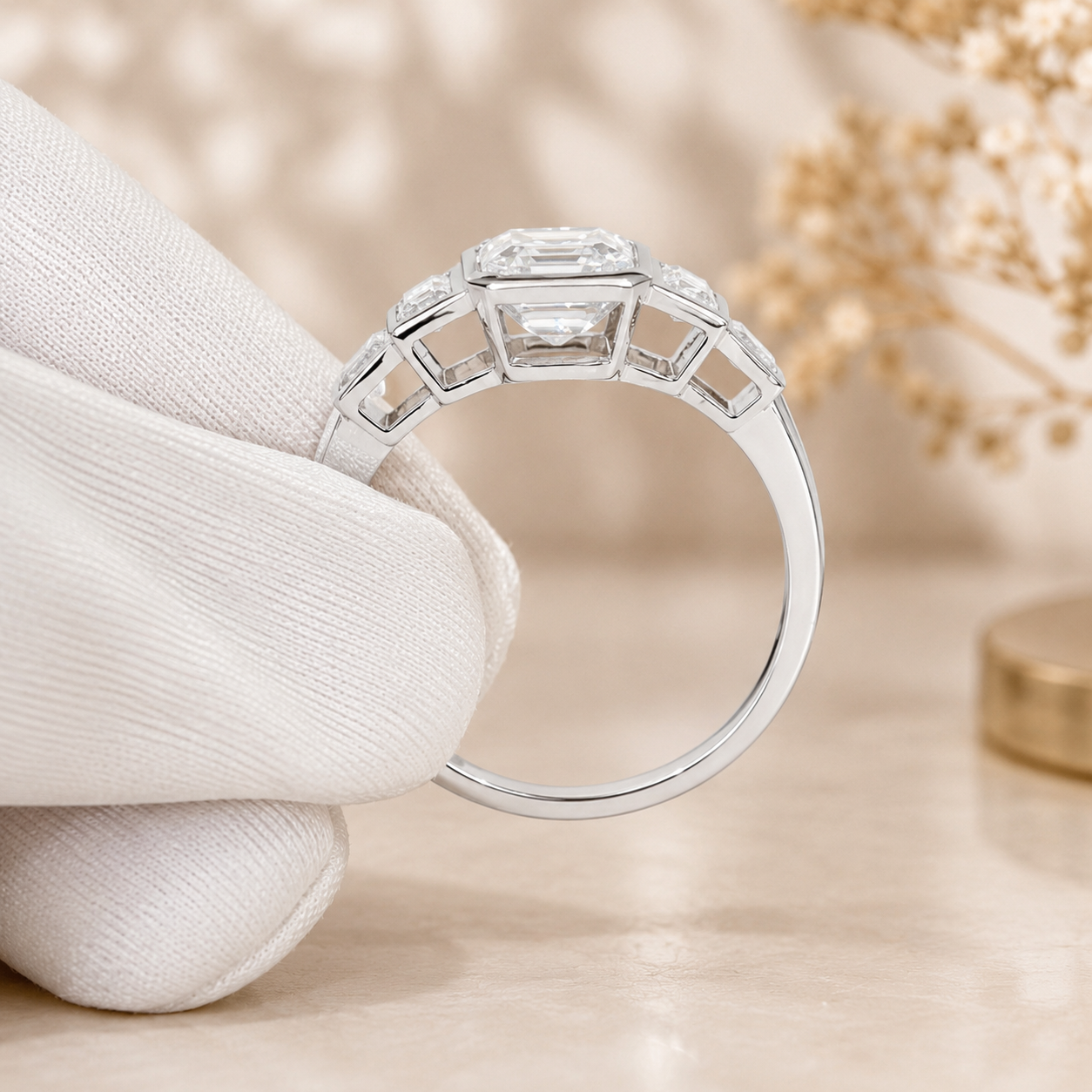 3.50 CT Asscher Cut Lab-Grown Diamond Five Stone Engagement Ring in 14K White Gold – Bezel Set Anniversary Design