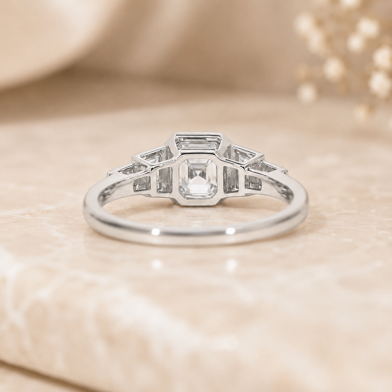 3.50 CT Asscher Cut Lab-Grown Diamond Five Stone Engagement Ring in 14K White Gold – Bezel Set Anniversary Design