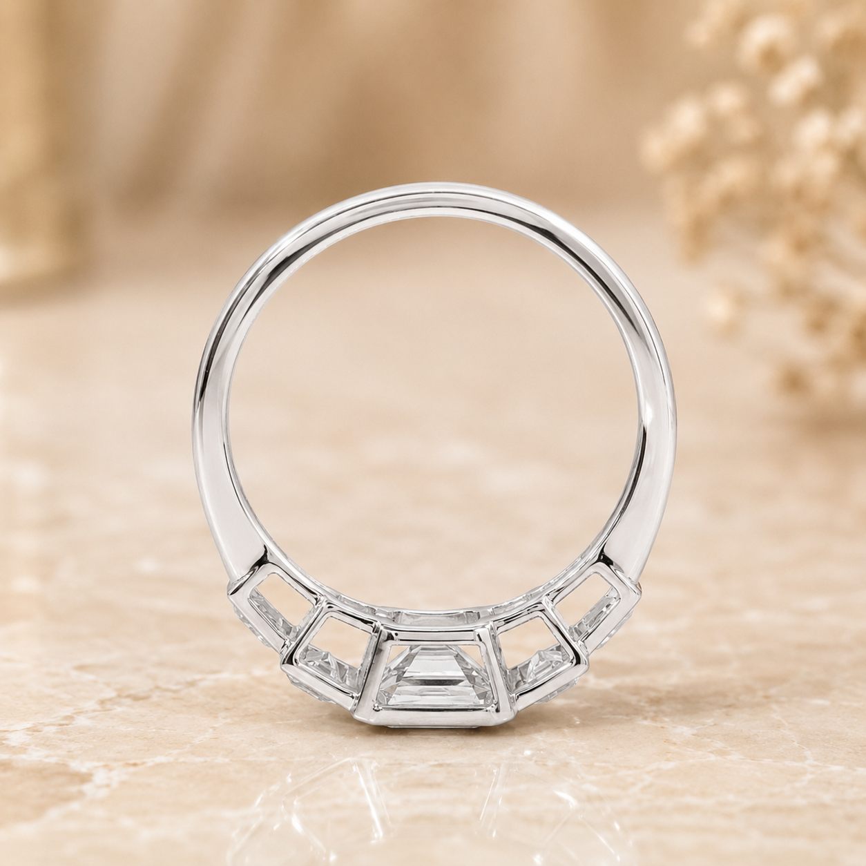 3.50 CT Asscher Cut Lab-Grown Diamond Five Stone Engagement Ring in 14K White Gold – Bezel Set Anniversary Design