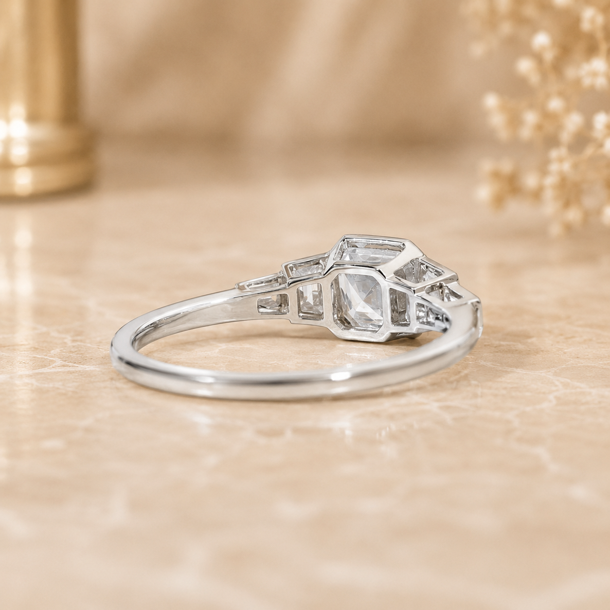 3.50 CT Asscher Cut Lab-Grown Diamond Five Stone Engagement Ring in 14K White Gold – Bezel Set Anniversary Design