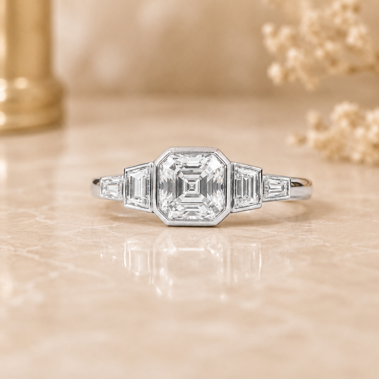 3.50 CT Asscher Cut Lab-Grown Diamond Five Stone Engagement Ring in 14K White Gold – Bezel Set Anniversary Design