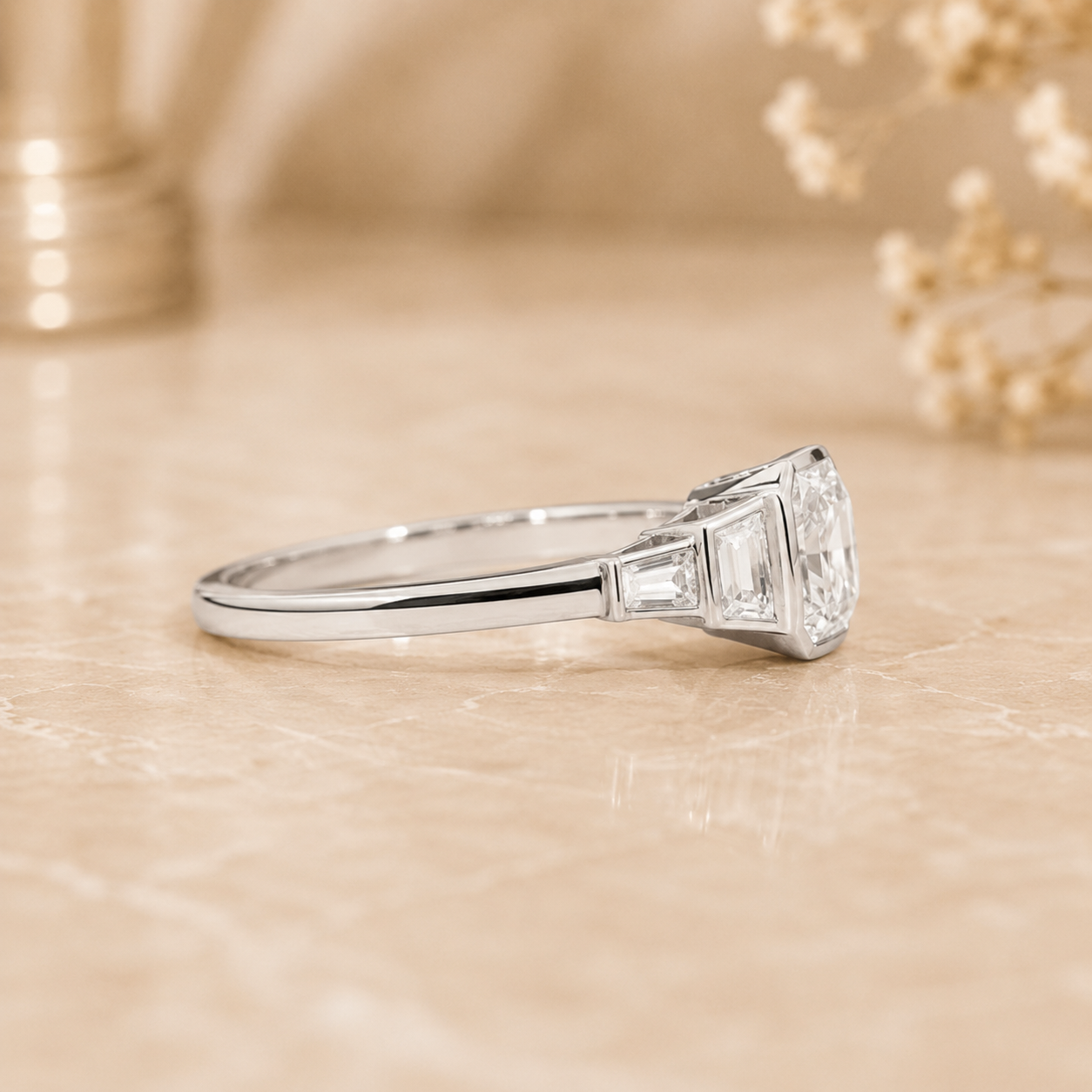 3.50 CT Asscher Cut Lab-Grown Diamond Five Stone Engagement Ring in 14K White Gold – Bezel Set Anniversary Design