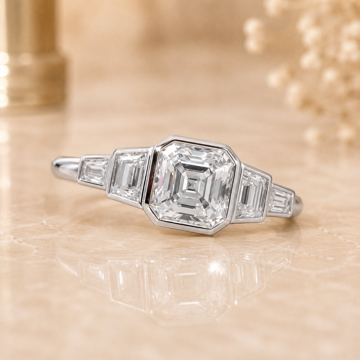 3.50 CT Asscher Cut Lab-Grown Diamond Five Stone Engagement Ring in 14K White Gold – Bezel Set Anniversary Design